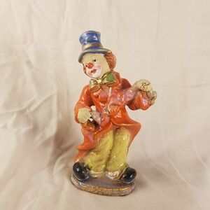 Vintage Ceramic Clown Figurine Blue Top Hat Orange Coat Hand Painted 6.75‎ inch